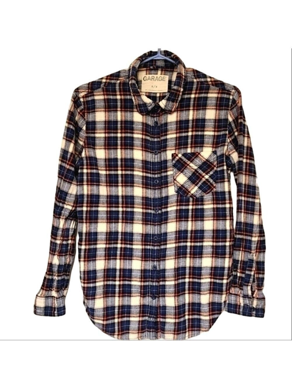 Garage Cozycore Button Down Shirt Plaid Flannel Oversized Casual Blue Cotton EUC